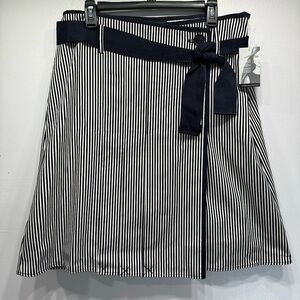 Navy and Ivory Striped Wrap Skirt Button Detail & Sash Tie by Work to Weekend